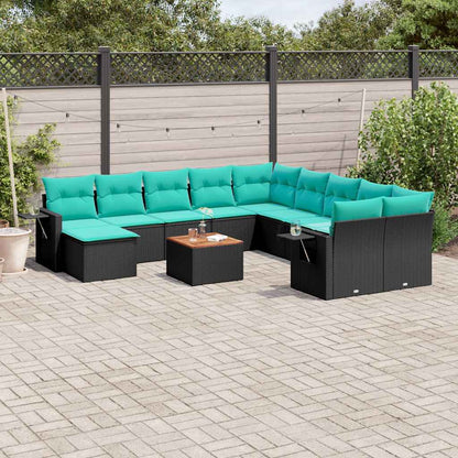12-teiliges Gartensofa-Set mit Kissen, schwarzes Polyrattan