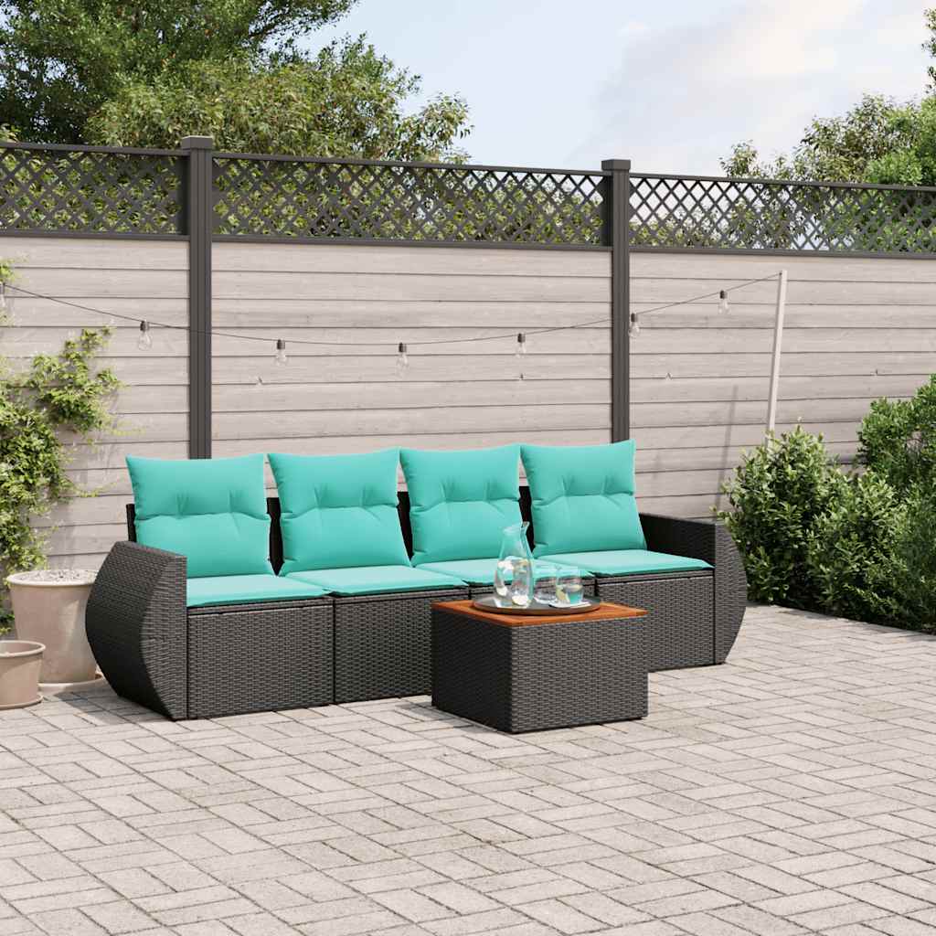 5-teiliges Gartensofa-Set mit Kissen, schwarzes Polyrattan