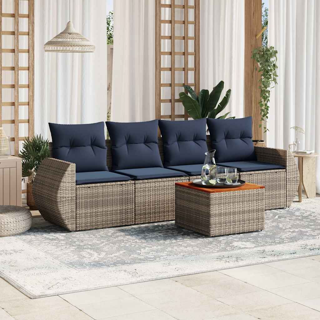 5-teiliges Gartensofa-Set mit Kissen, grau, Polyrattan