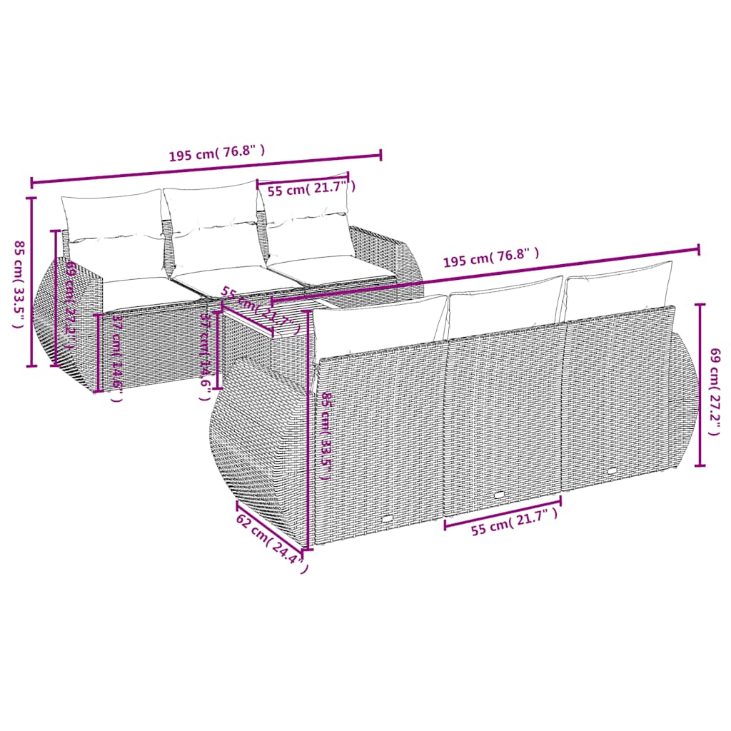 7-teiliges Gartensofa-Set mit Kissen, schwarzes Polyrattan