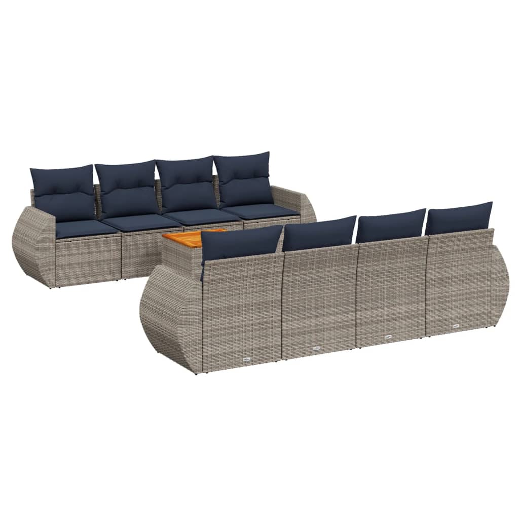 9-teiliges Gartensofa-Set mit Kissen, grau, Polyrattan
