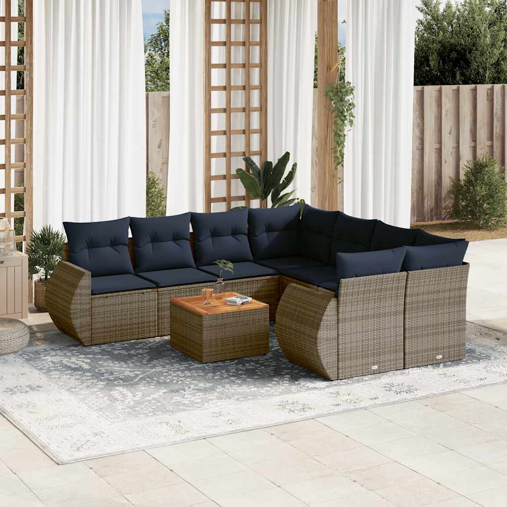 9-teiliges Gartensofa-Set mit Kissen, grau, Polyrattan