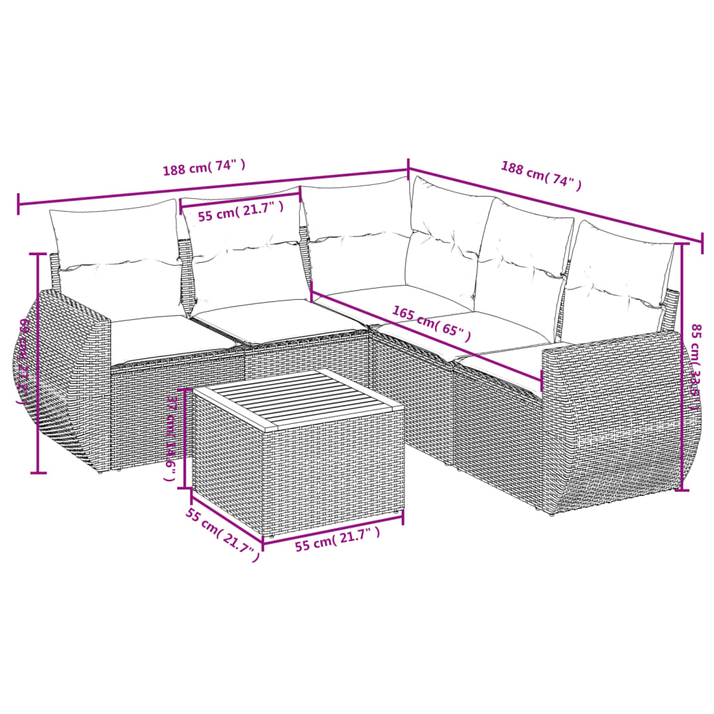 6-teiliges Gartensofa-Set mit Kissen, grau, Polyrattan