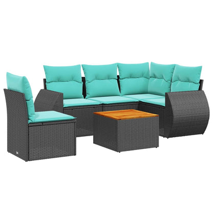 6-teiliges Gartensofa-Set mit Kissen, schwarzes Polyrattan