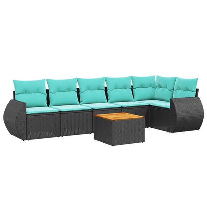 7-teiliges Gartensofa-Set mit Kissen, schwarzes Polyrattan