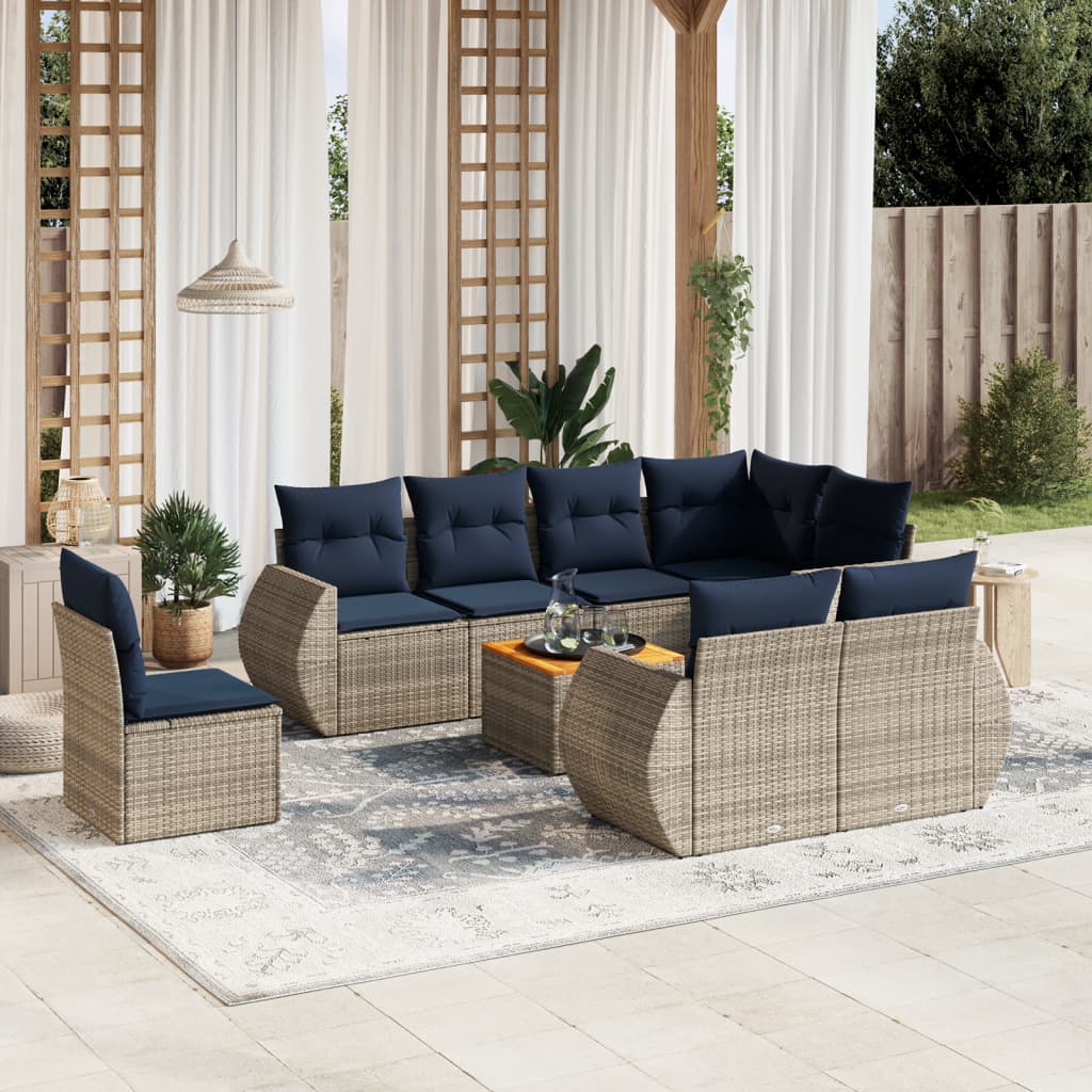 9-teiliges Gartensofa-Set mit Kissen, grau, Polyrattan