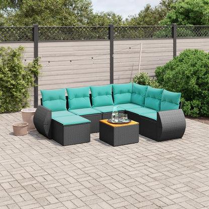 8-teiliges Gartensofa-Set mit Kissen, schwarzes Polyrattan