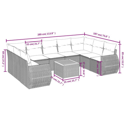 10-teiliges Gartensofa-Set mit Kissen, schwarzes Polyrattan