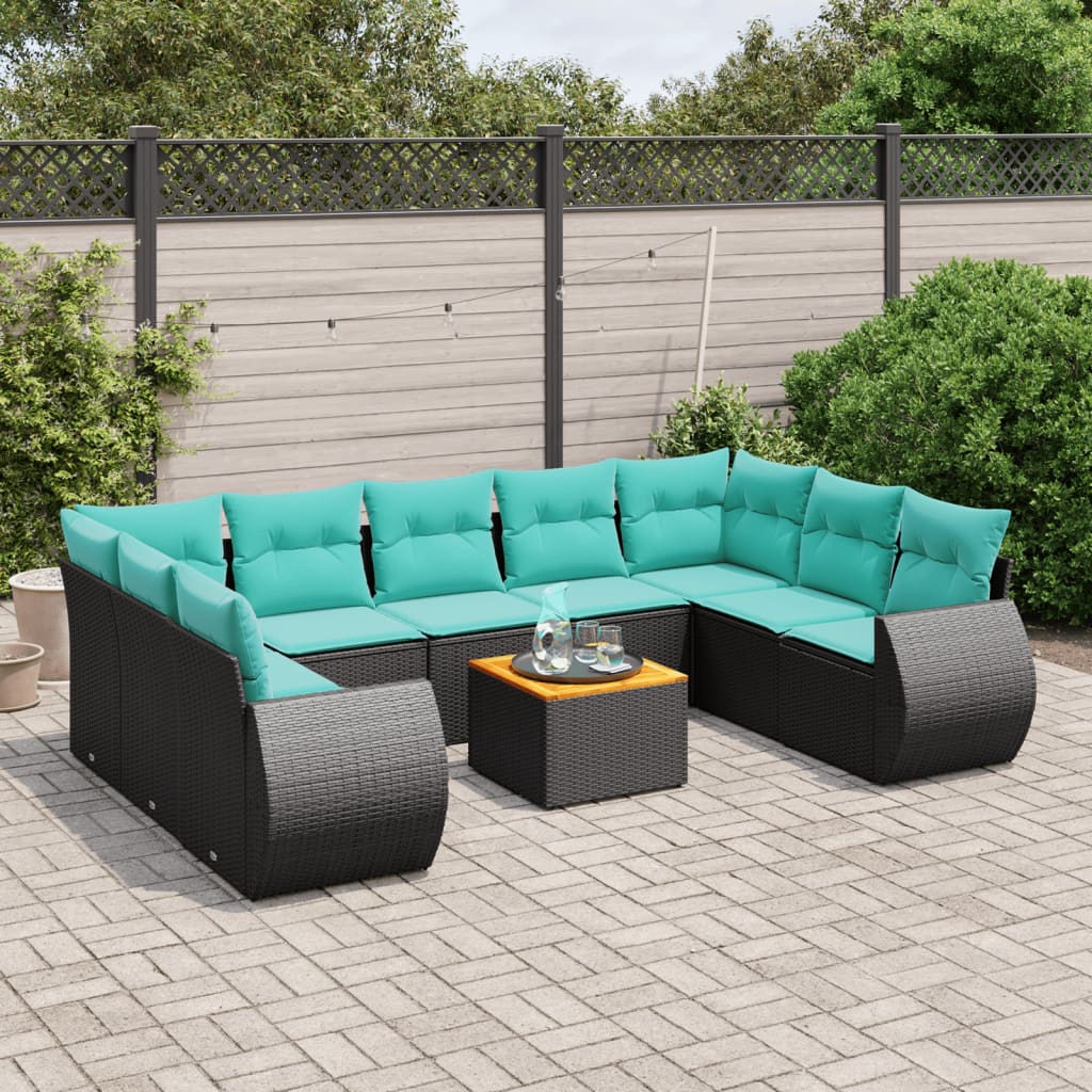 10-teiliges Gartensofa-Set mit Kissen, schwarzes Polyrattan