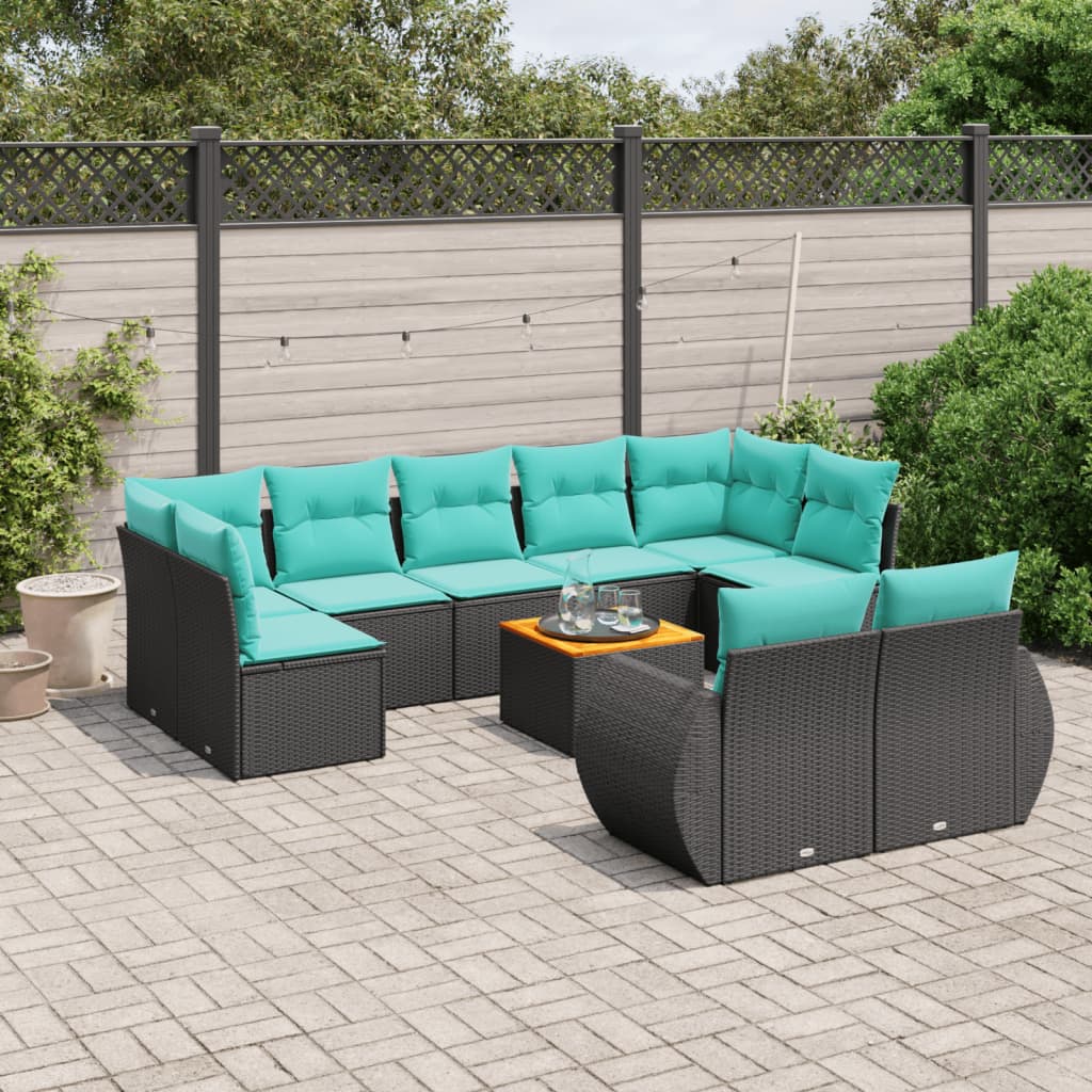 10-teiliges Gartensofa-Set mit Kissen, schwarzes Polyrattan