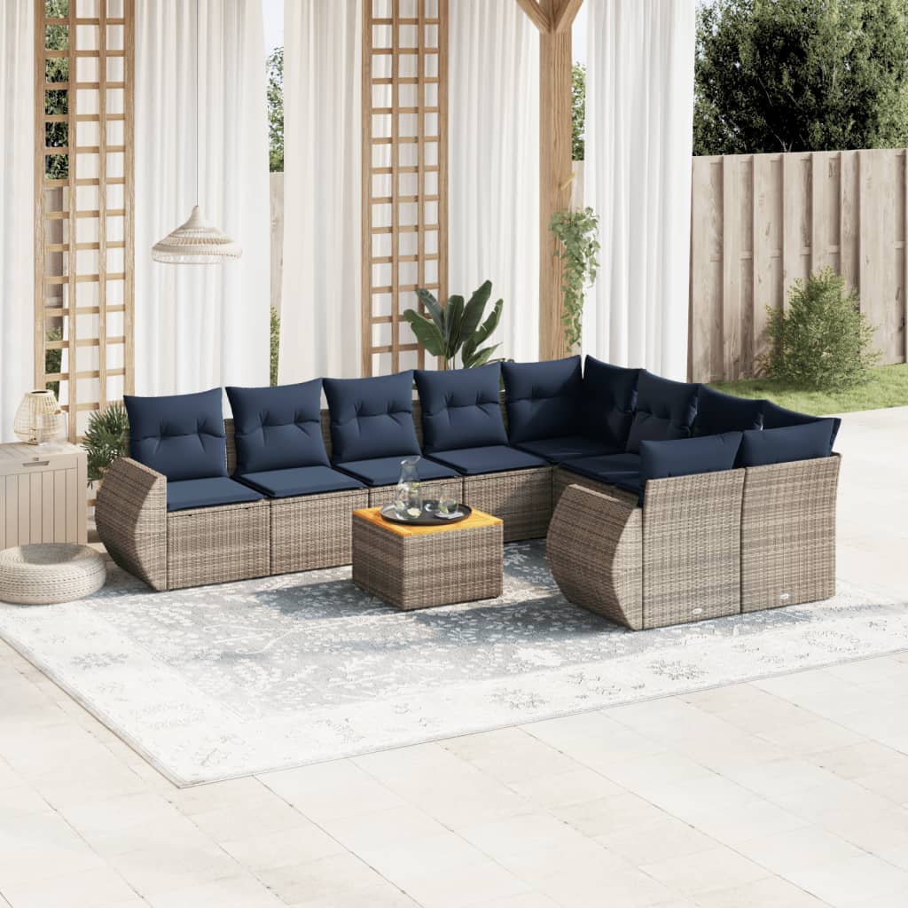 10-teiliges Gartensofa-Set mit Kissen, grau, Polyrattan