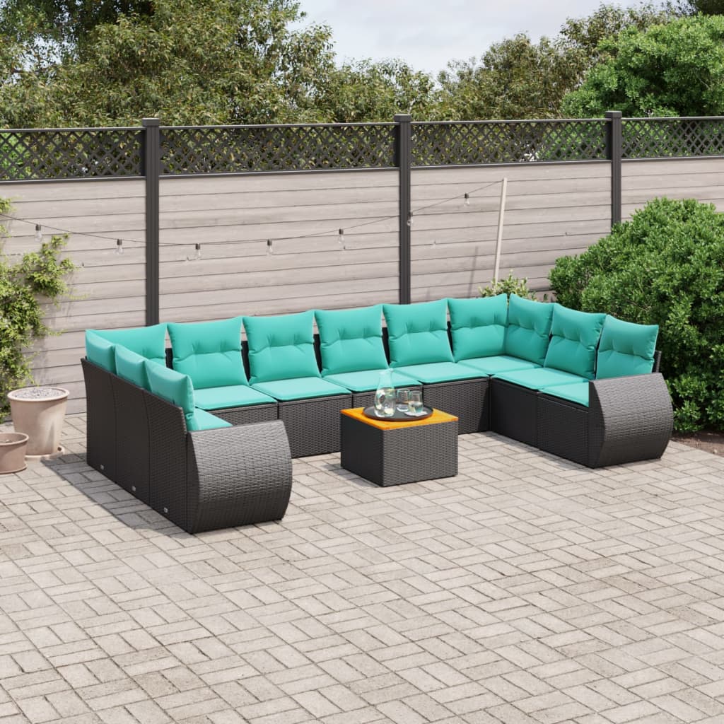 11-teiliges Gartensofa-Set mit Kissen, schwarzes Polyrattan