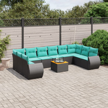 11-teiliges Gartensofa-Set mit Kissen, schwarzes Polyrattan