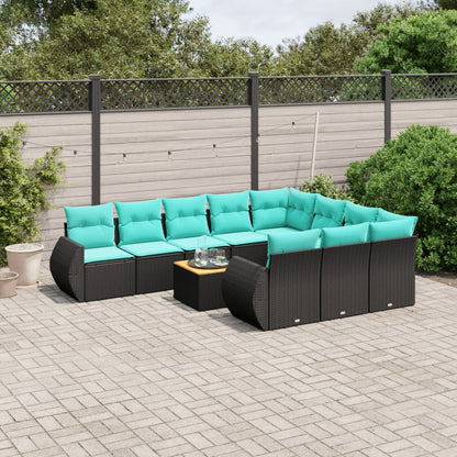 11-teiliges Gartensofa-Set mit Kissen, schwarzes Polyrattan