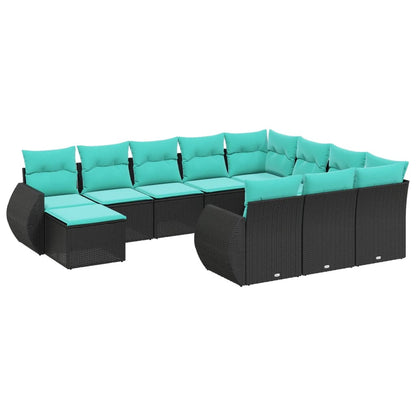 11-teiliges Gartensofa-Set mit Kissen, schwarzes Polyrattan