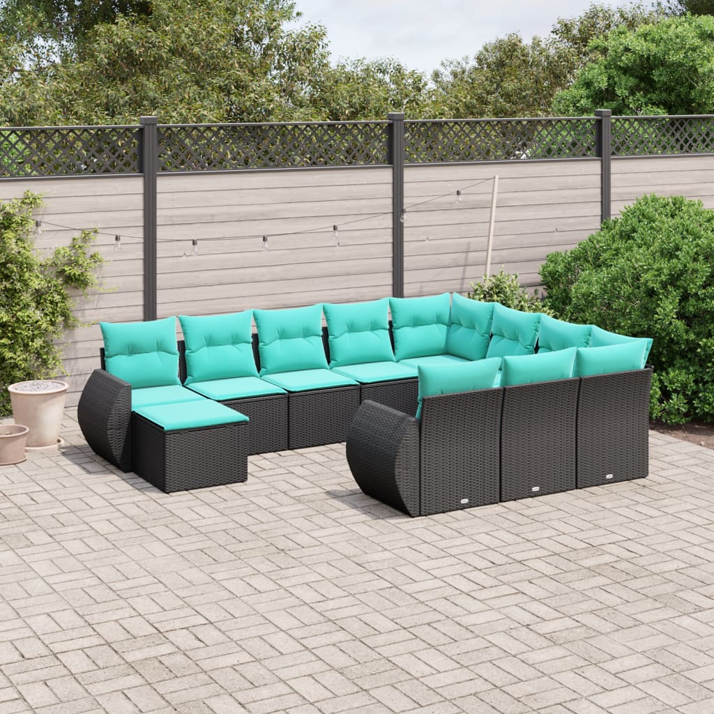 11-teiliges Gartensofa-Set mit Kissen, schwarzes Polyrattan