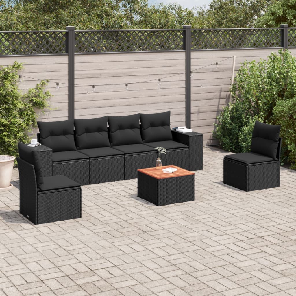 7-tlg. Garten-Sofagarnitur mit Kissen Schwarz Poly Rattan