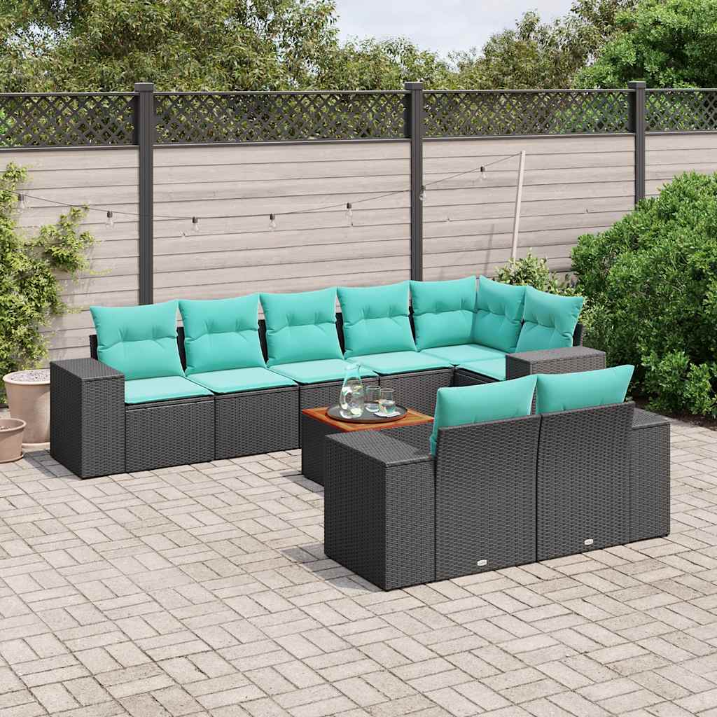 9-teiliges Gartensofa-Set mit Kissen, schwarzes Polyrattan