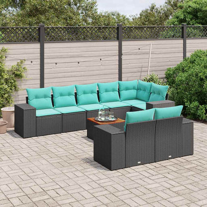 9-teiliges Gartensofa-Set mit Kissen, schwarzes Polyrattan