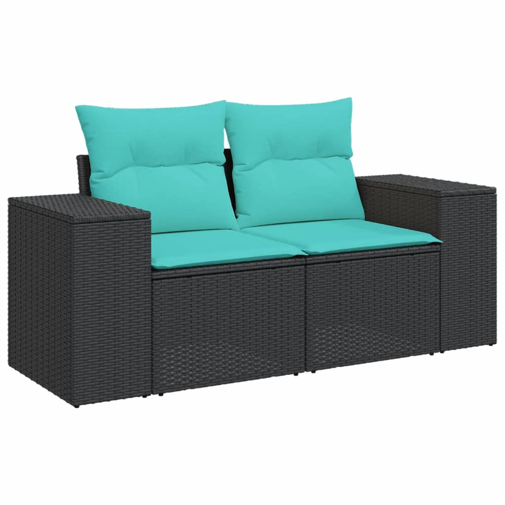 9-teiliges Gartensofa-Set mit Kissen, schwarzes Polyrattan