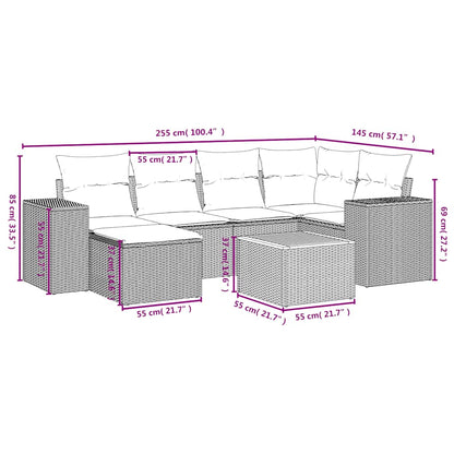 7-teiliges Gartensofa-Set mit Kissen, schwarzes Polyrattan