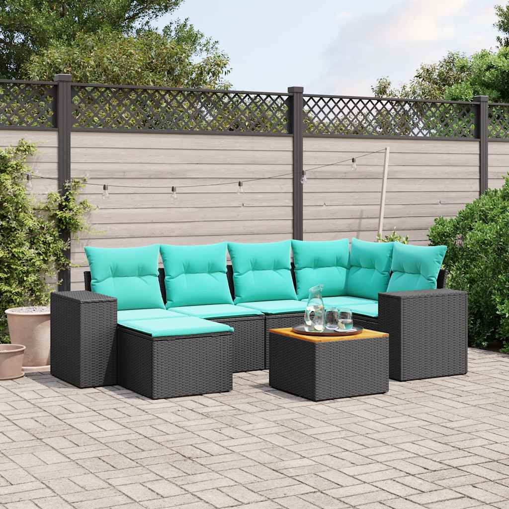 7-teiliges Gartensofa-Set mit Kissen, schwarzes Polyrattan