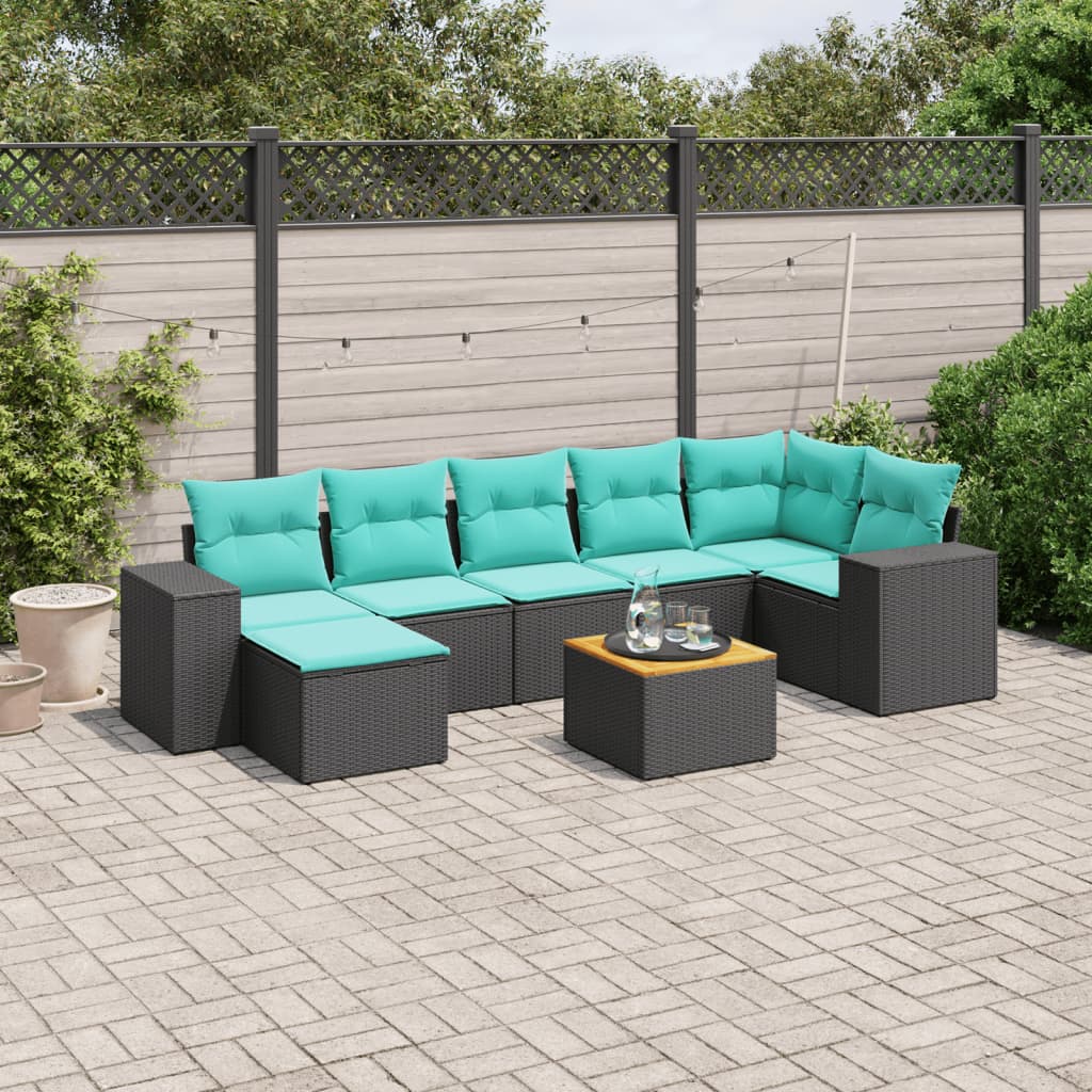 8-teiliges Gartensofa-Set mit Kissen, schwarzes Polyrattan