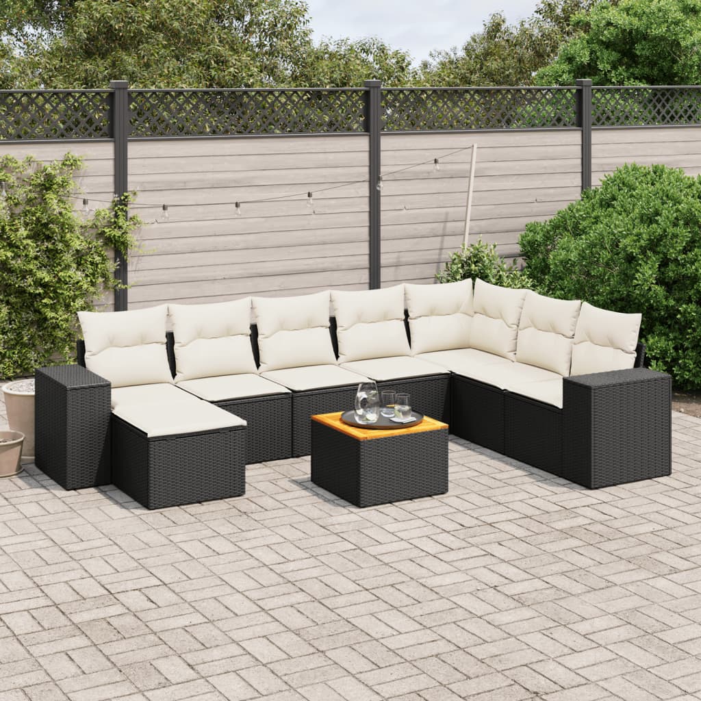 9-tlg. Garten-Sofagarnitur mit Kissen Schwarz Poly Rattan