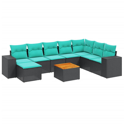 9-teiliges Gartensofa-Set mit Kissen, schwarzes Polyrattan