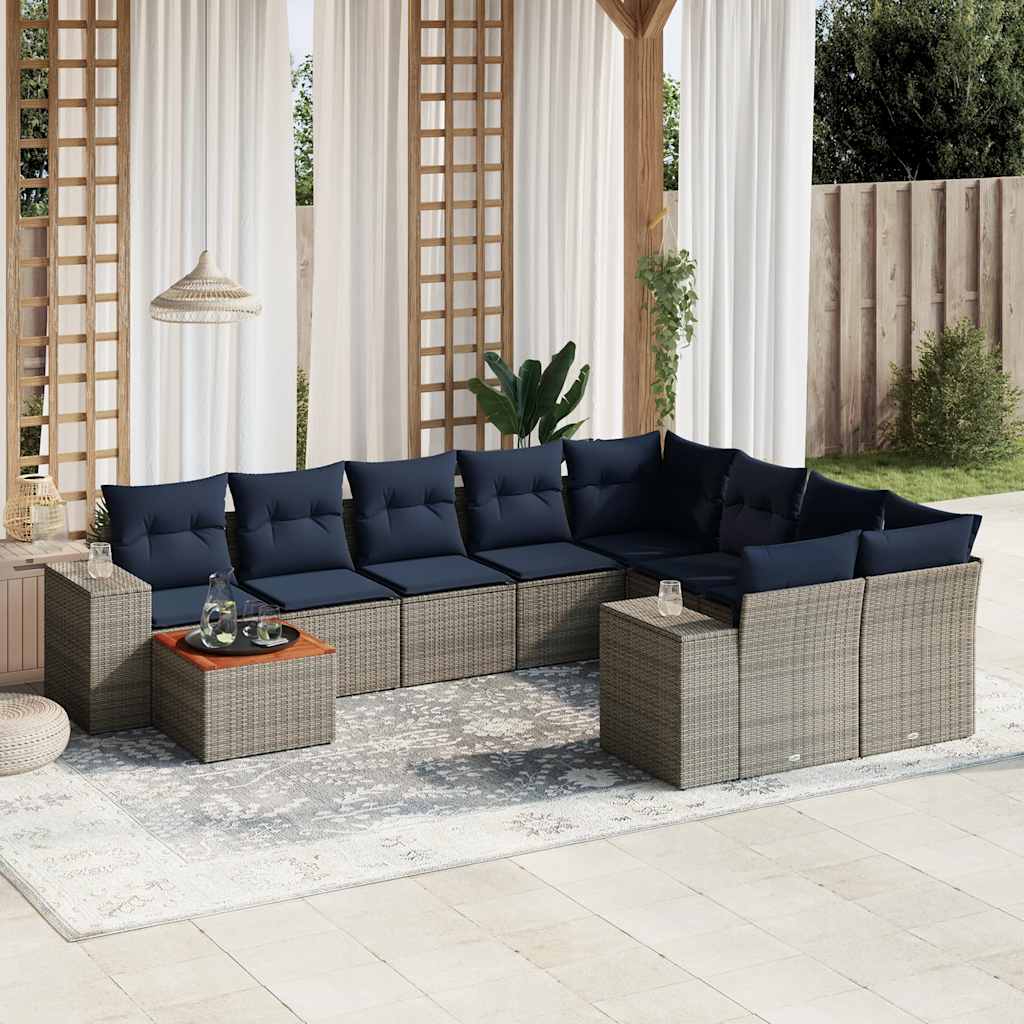 10-teiliges Gartensofa-Set mit Kissen, grau, Polyrattan
