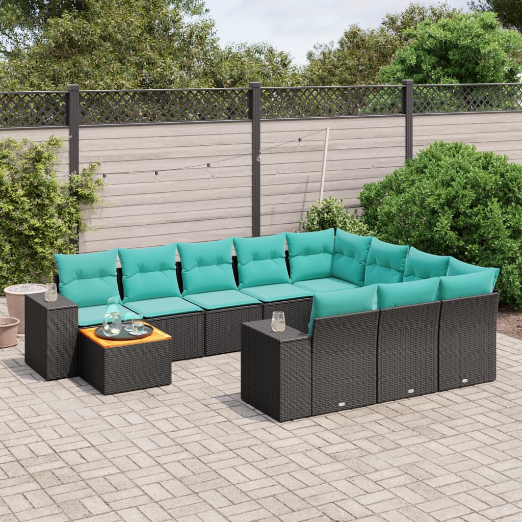 11-teiliges Gartensofa-Set mit Kissen, schwarzes Polyrattan