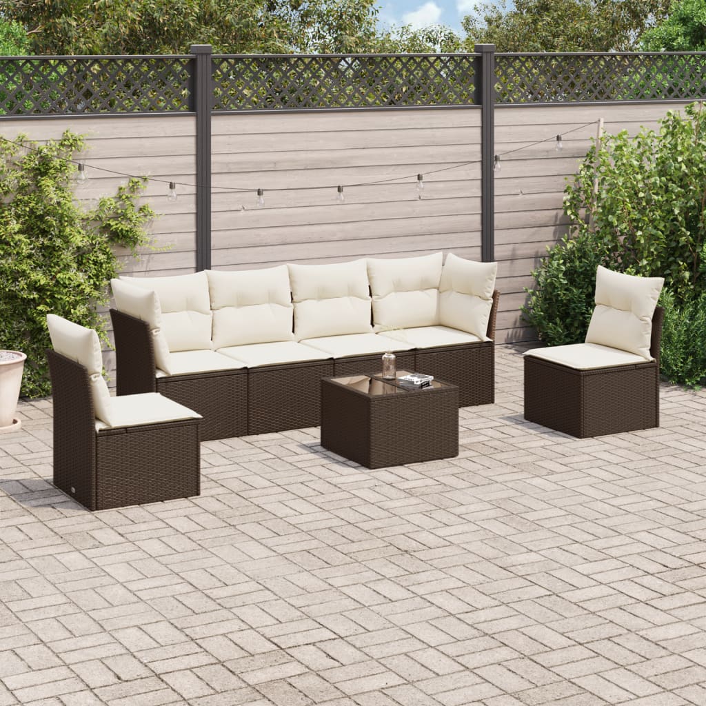 7-tlg. Garten-Sofagarnitur mit Kissen Braun Poly Rattan