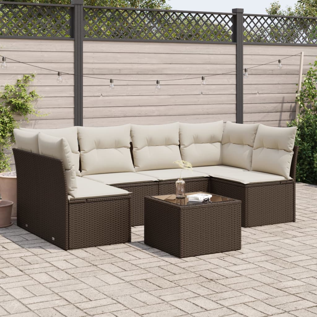 7-tlg. Garten-Sofagarnitur mit Kissen Braun Poly Rattan