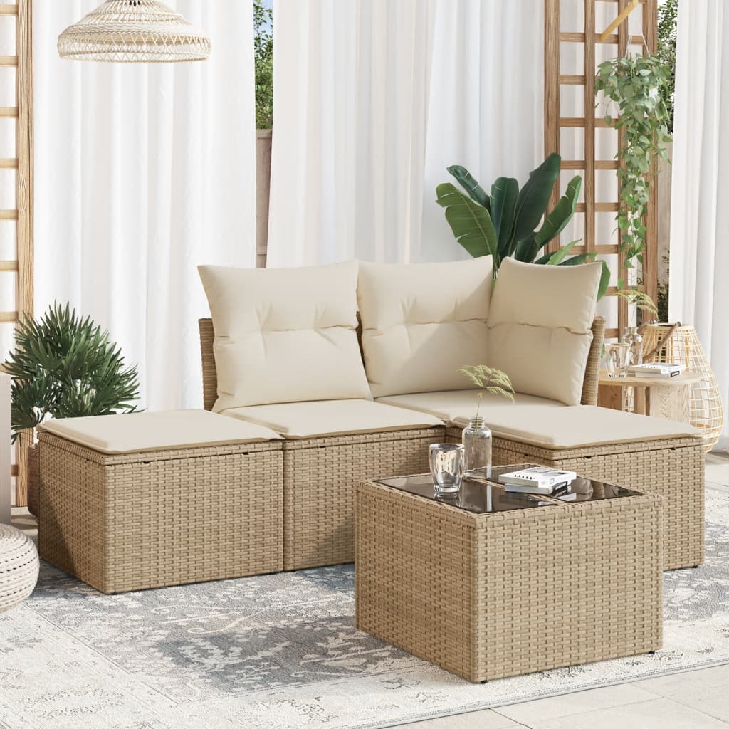 5-tlg. Garten-Sofagarnitur mit Kissen Beige Poly Rattan