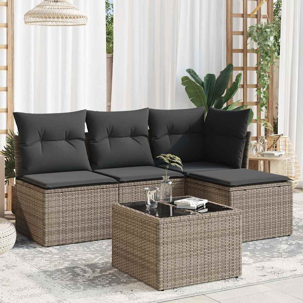 5-tlg. Garten-Sofagarnitur mit Kissen Grau Poly Rattan