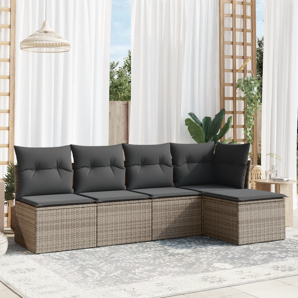5-tlg. Garten-Sofagarnitur mit Kissen Grau Poly Rattan