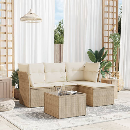5-tlg. Garten-Sofagarnitur mit Kissen Beige Poly Rattan