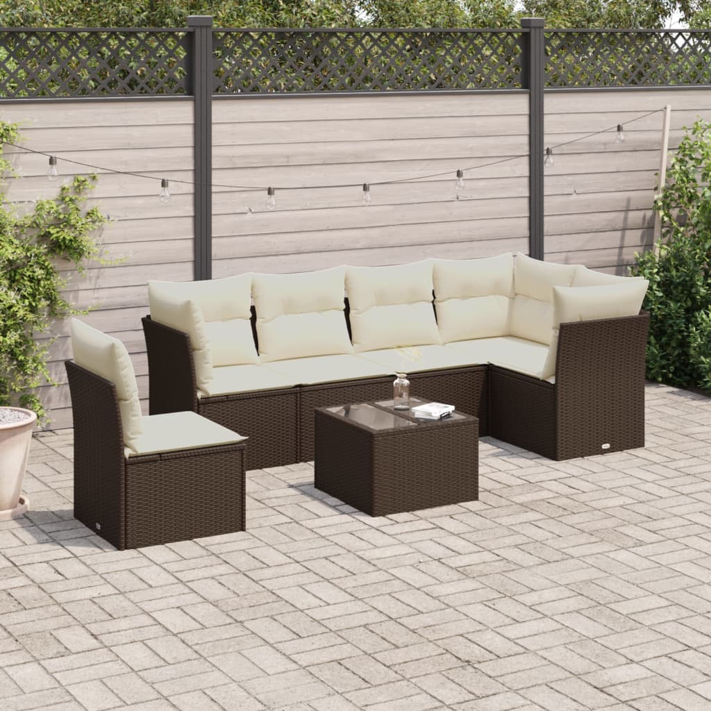 7-tlg. Garten-Sofagarnitur mit Kissen Braun Poly Rattan