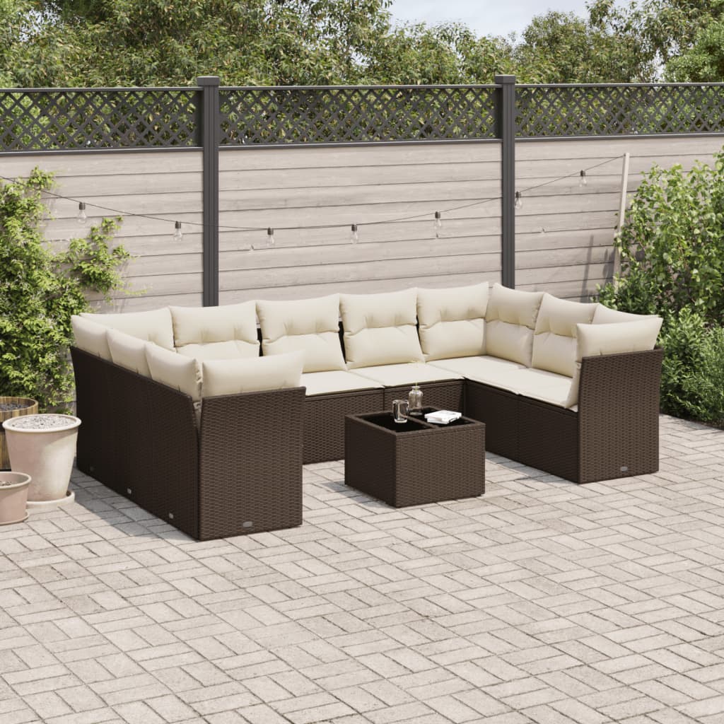 10-tlg. Garten-Sofagarnitur mit Kissen Braun Poly Rattan