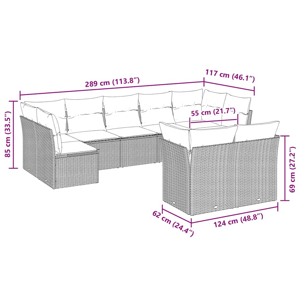 9-tlg. Garten-Sofagarnitur mit Kissen Hellgrau Poly Rattan