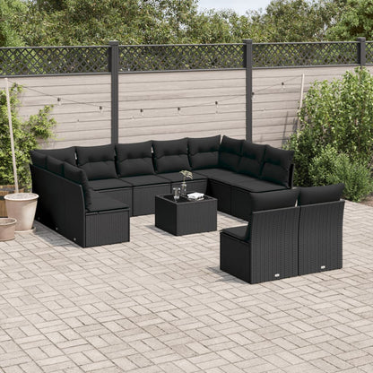 12-tlg. Garten-Sofagarnitur mit Kissen Schwarz Poly Rattan