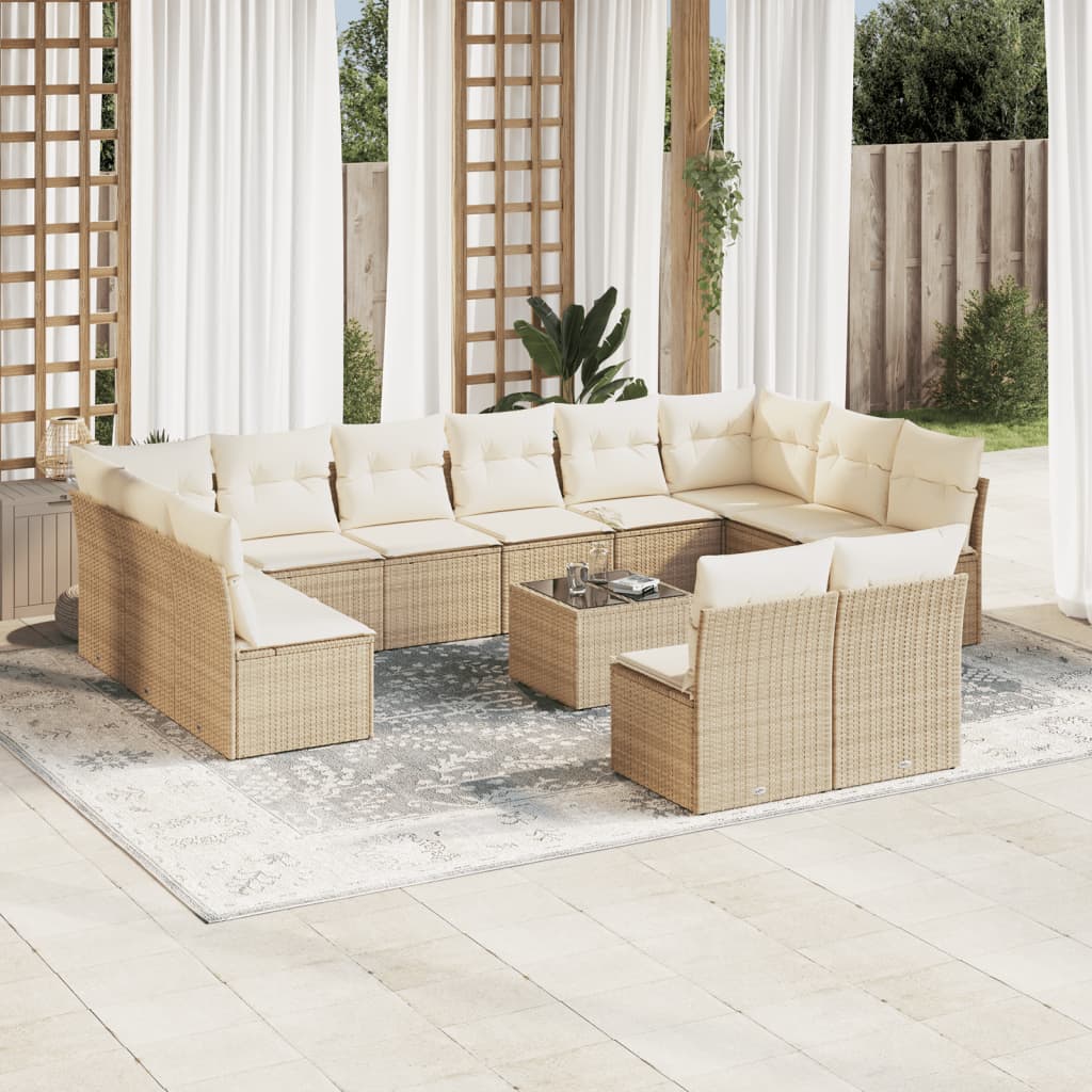 13-tlg. Garten-Sofagarnitur mit Kissen Beige Poly Rattan