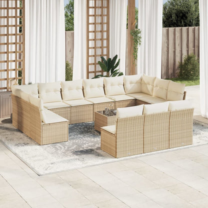 14-tlg. Garten-Sofagarnitur mit Kissen Beige Poly Rattan