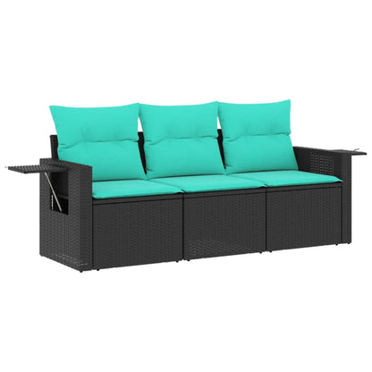 3-teiliges Gartensofa-Set mit Kissen, schwarzes Polyrattan
