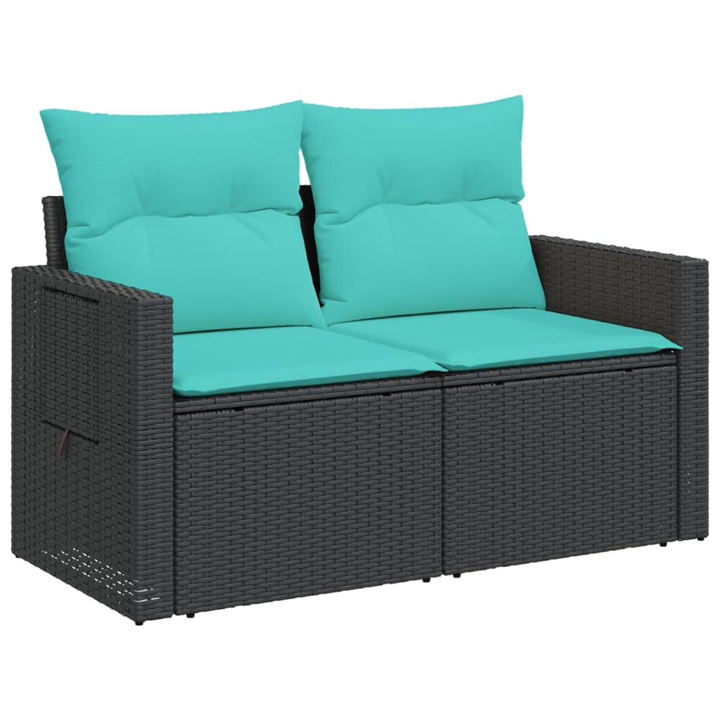 3-teiliges Gartensofa-Set mit Kissen, schwarzes Polyrattan