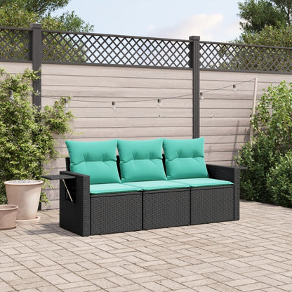 3-teiliges Gartensofa-Set mit Kissen, schwarzes Polyrattan