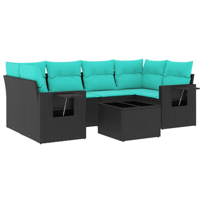 7-teiliges Gartensofa-Set mit Kissen, schwarzes Polyrattan