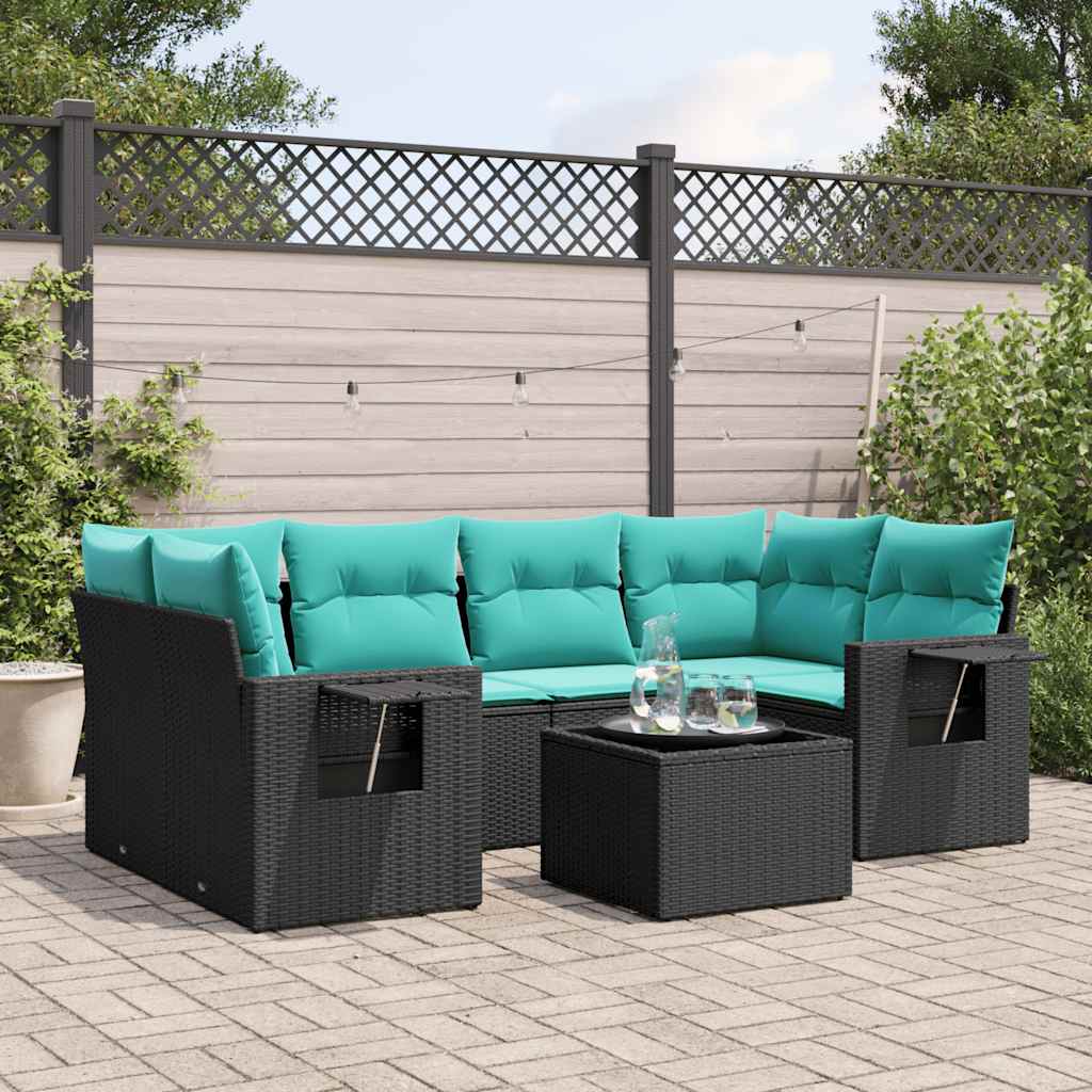 7-teiliges Gartensofa-Set mit Kissen, schwarzes Polyrattan