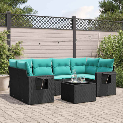 7-teiliges Gartensofa-Set mit Kissen, schwarzes Polyrattan