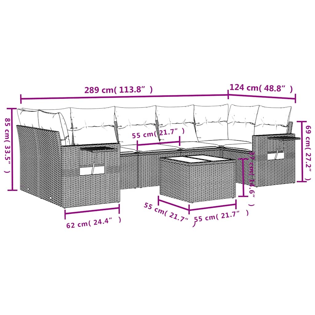 8-teiliges Gartensofa-Set mit Kissen, braun, Polyrattan
